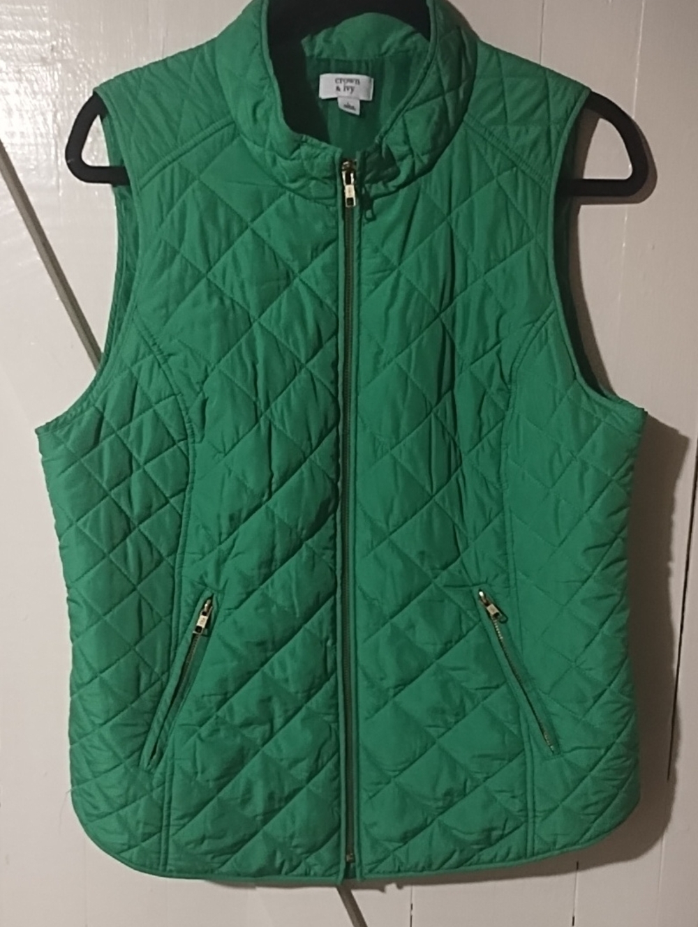 crown & ivy Bright Green Quilted Sleeveless Zip Vest VGC Size Large